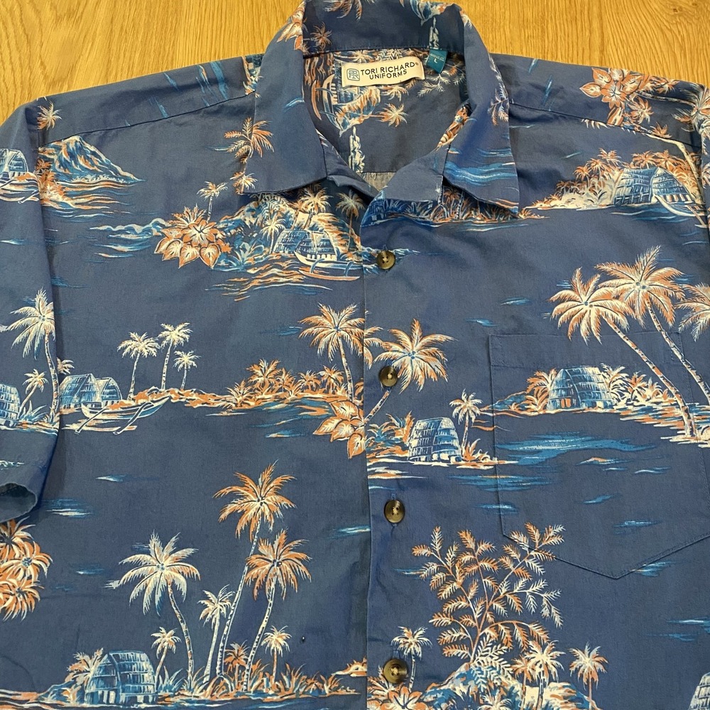 Men's Tori Richard Hawaiian Tropical Palm Tree Shirt Short Sleeve Blue Size LG
